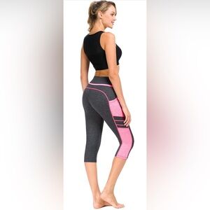 Sugar Pocket High-waist grey and pink capri yoga leggings with pockets, NWT, XL